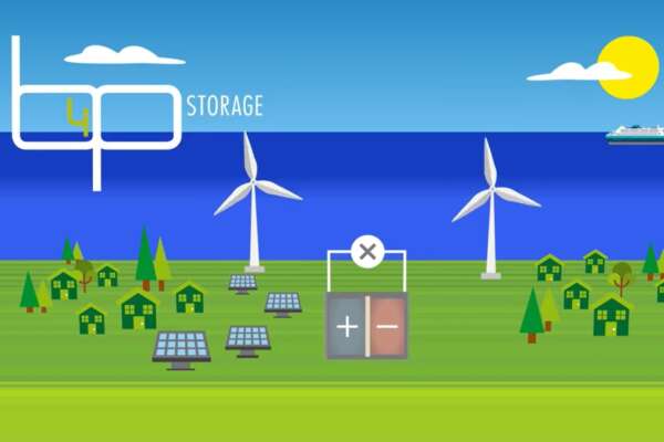 Explainer video screenshot: landscape. windmills, redox battery